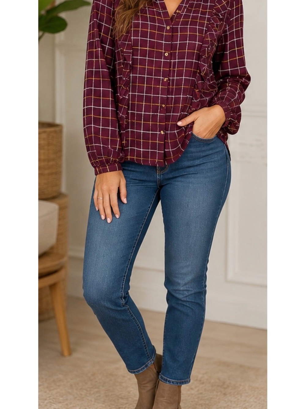Sonoma Wine Plaid Button-Front Blouse